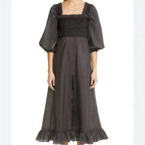 Ganni Black Seersucker Check Square Neck Dress